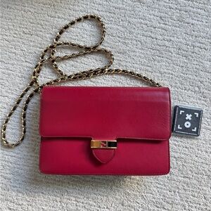 (Auth) Fendi Red Leather Crossbody bag / Wallet on Chain